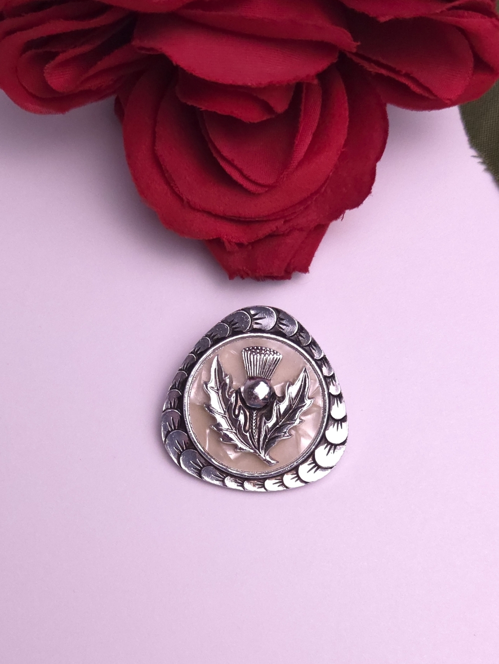Vintage Scottish Thistle Faux Mother of Pearl Silver Scarf Clip Western Germany